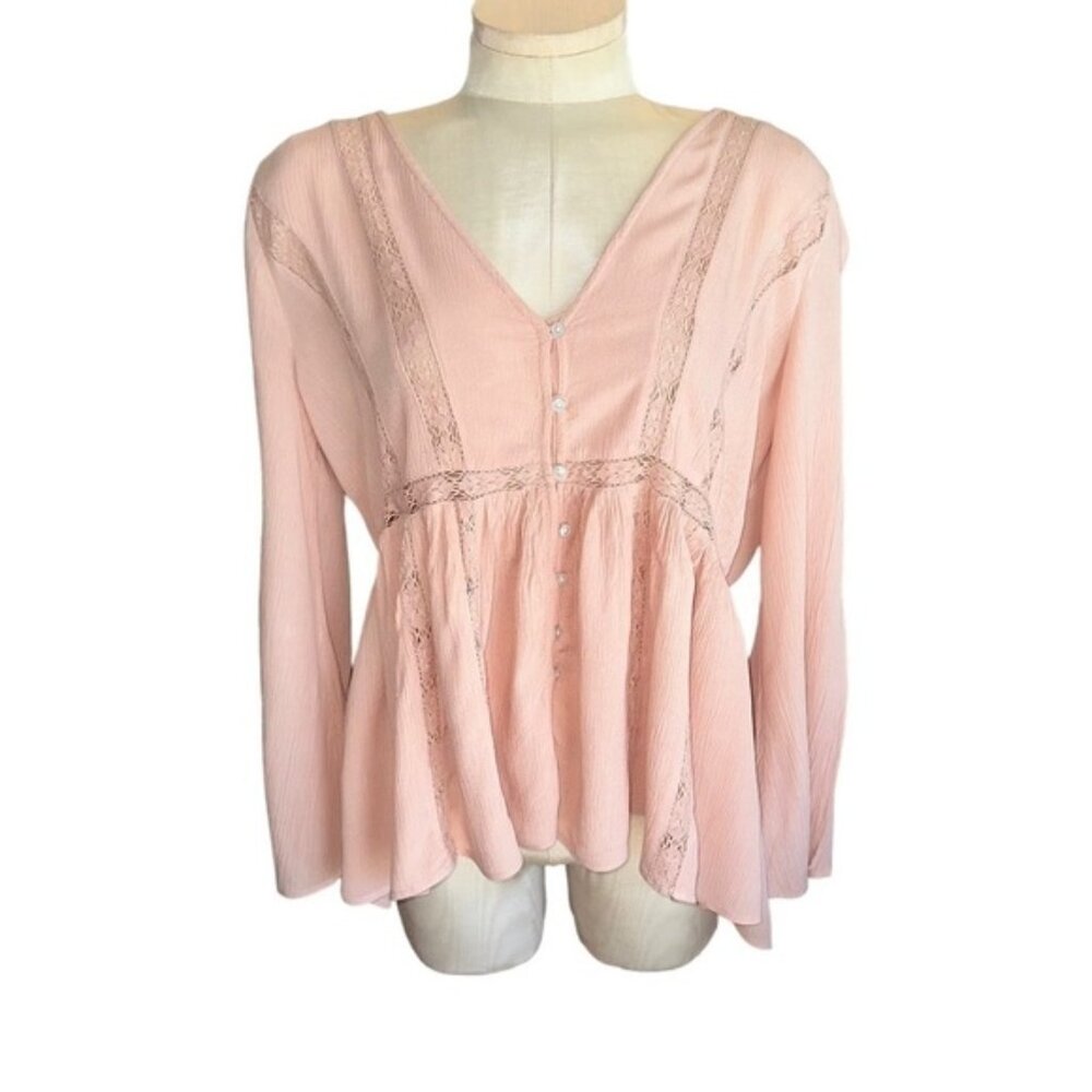 American Eagle Light Blush Pink Bohemian Pheasant Top Long Flutter Sleeve Medium